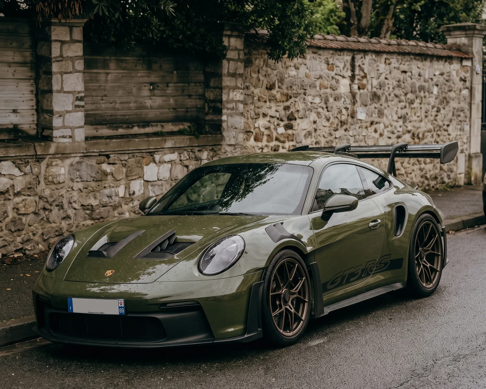 Olive green 911 GT3 RS parked by a stone wall